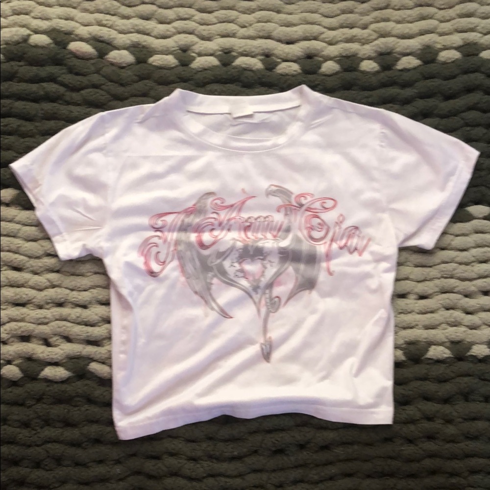 White Graphic Tee with Pink and Gray Design